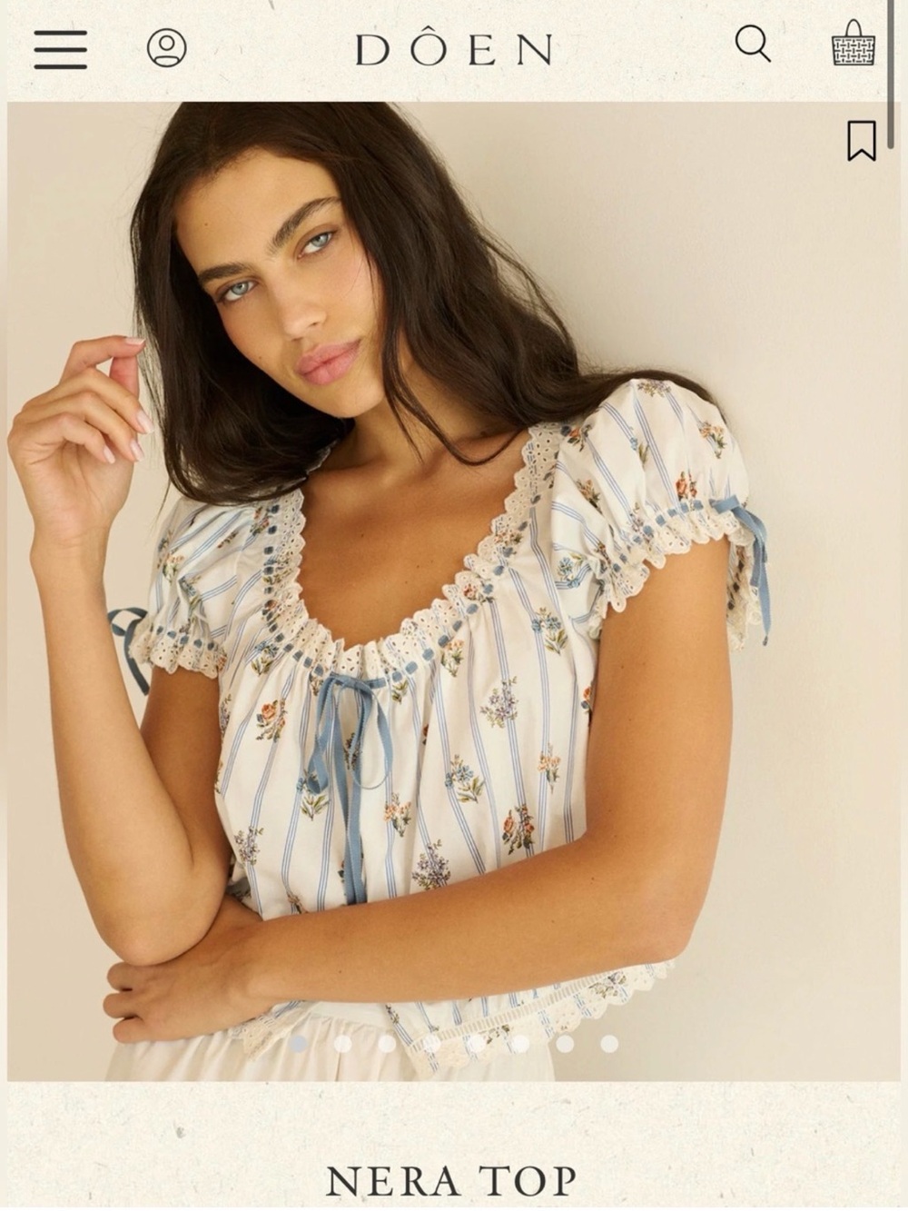 Doen Nera White Floral Peasant Blouse with Blue Stripes - Picture 6 of 7